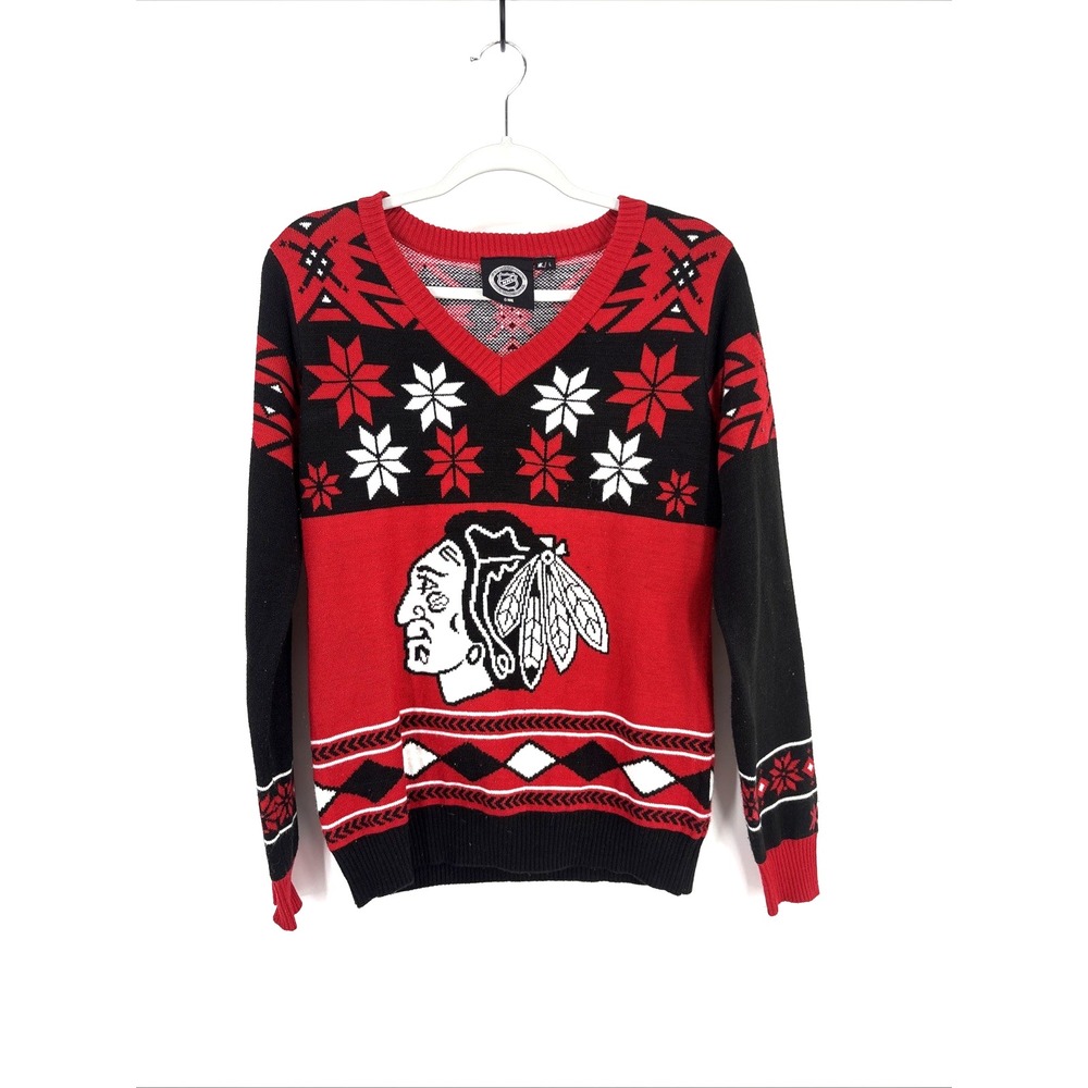 NHL Chicago Blackhawks V-Neck Holiday Sweater Women Large Red & Black Fair Isle